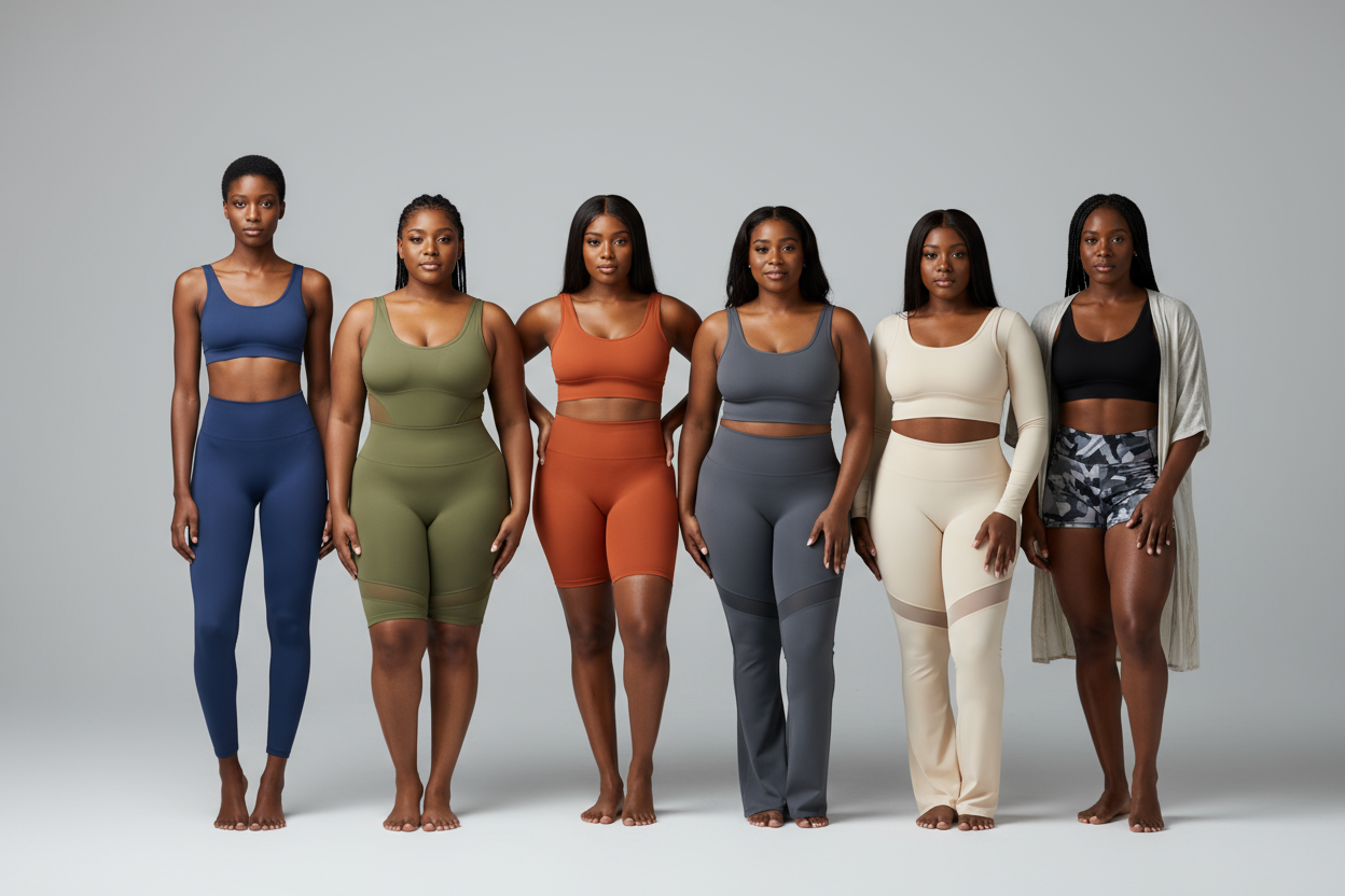 black women with different figures standing sideby side. Wearing activewear and shapewear. The background should be a gray